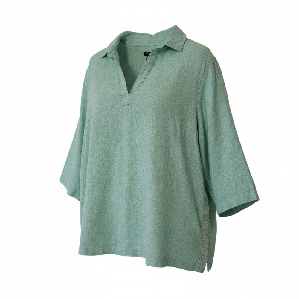 Tahari Linen Blend Top Button Detail 3/4 Sleeve Collared 1X Mint Green Pull-On